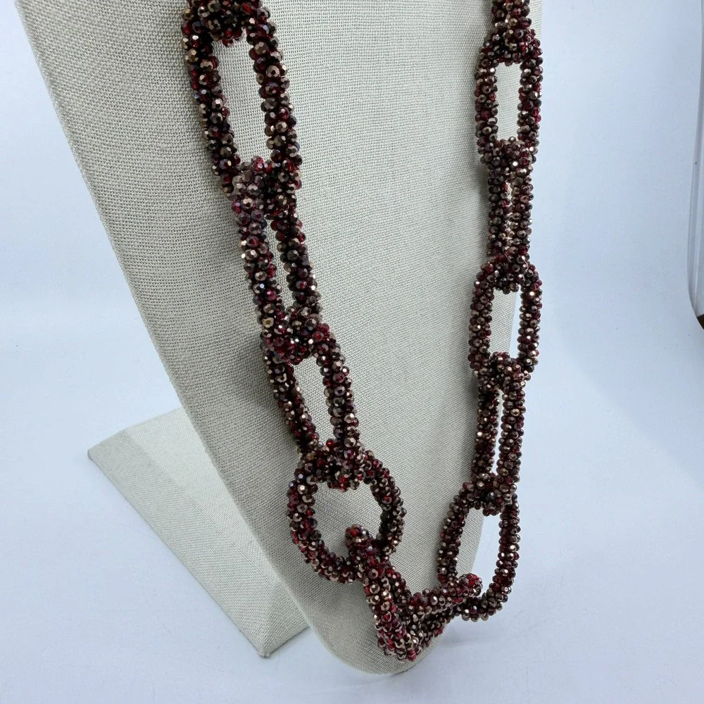 Red Bronze Tone Faceted Bead Woven Chain Link Long Necklace Statement Jewelry